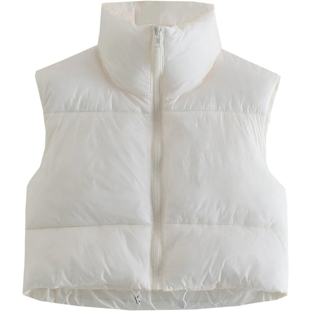 Women's White Fashion High Neck Zipper Cropped Puffer Vest Jacket Coat Cardigan